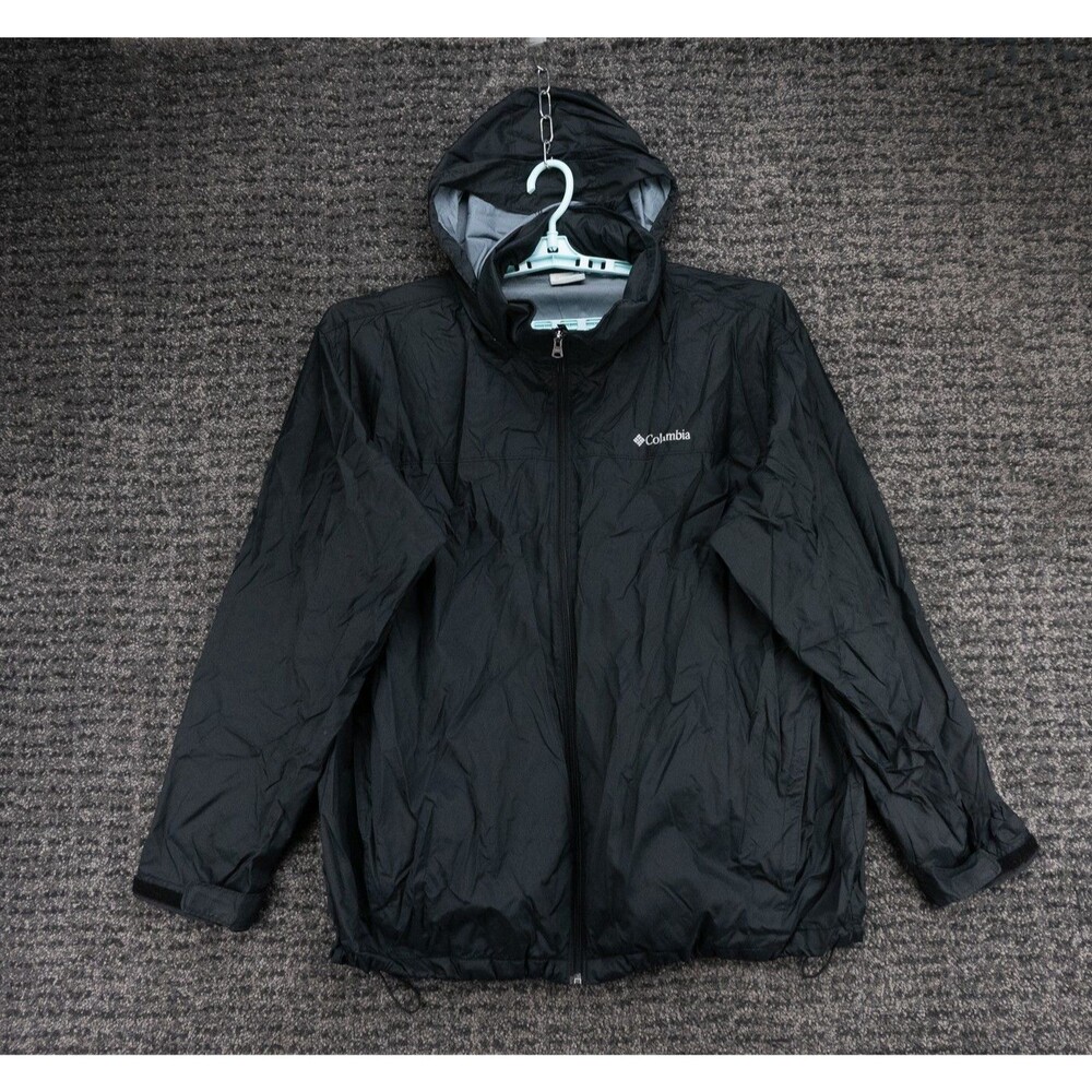 Columbia Jacket Mens 2XL Black Full Zip Hooded Rain Windbreaker Packable Outdoor